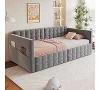 Kelodan Letto imbottito 90 x 190 cm, classico motivo a quadri, scomparti sui lati del letto, due cassetti sotto il letto, ospiti o come letto singolo, tessuto di velluto, grigio