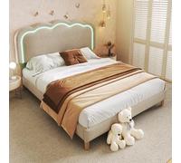 Kelodan Letto imbottito a LED, letto matrimoniale 140 x 200 cm, struttura del letto con rete a doghe e testiera regolabile, letto imbottito in beige, per camera da letto, camera degli ospiti