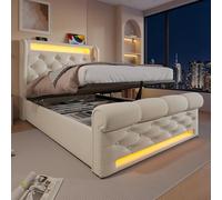 Kelodan Letto imbottito, letto singolo, 90 x 200 cm, con materasso, luci a LED, testiera con porte USB e tipo C, letto di stoccaggio idraulico, velluto beige