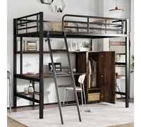 Kelodan Letto in ferro, 90 x 200 cm, adatto per bambini e persone in crescita, con tavolo e armadio, ampio vano portaoggetti, con scala a 4 livelli, ferro e truciolato, nero