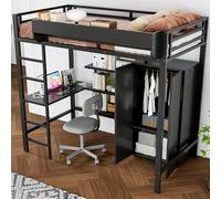 Kelodan Letto in ferro 90 x 200 cm, letto a castello, adatto per bambini e persone in crescita, con tavolo e armadio, ampi ripiani, scala a 5 livelli, ferro + truciolato, nero