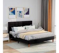 Kelodan Letto matrimoniale imbottito con rete a doghe imbottita, 140 x 200 cm, struttura del letto con testiera in lino nero, per adulti e ragazzi (con materasso a molla)