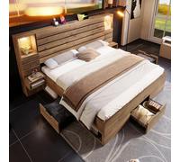 Kelodan Letto matrimoniale in legno 160 x 200 cm con luci LED e USB Type-C, nicchia illuminata, comodini sospesi, vano sotto il letto con cassetti, effetto rovere, senza materasso.