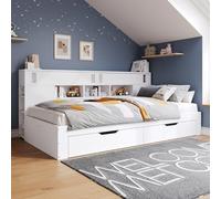 Kelodan Letto per bambini multifunzionale, 140 x 190 cm, con cassetti, ripiano e armadio, cassapanca con spazio di archiviazione, senza materasso, bianco