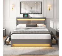 Kelodan Materasso 140 x 190 cm con porta USB, illuminazione a LED, quattro cassetti, materasso non incluso, motivo PU, grigio