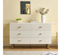 Kelodan Moderna credenza da 120 x 40 x 75 cm, con 6 cassetti in bianco e oro, design elegante in MDF e acciaio, ideale per camera da letto, soggiorno e ingressi