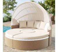 Kelodan Poltrona da giardino, isola, mobili da giardino in rattan, letto a conchiglie, baldacchino allungabile, piano sollevabile, beige, cuscino incluso