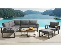 Kelodan Set di sedie modulari per esterni con piedini regolabili, base in metallo resistente, cuscini spessi 9 cm e set da 2 tavoli in legno, combinazione libera per terrazza, balcone, piscina, grigio
