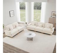 Kelodan Set divano modulare classico soggiorno 3 posti & 2 posti con braccioli imbuti, grembiule rimovibile e gambe a forma di mandrino, in ciniglia, bianco