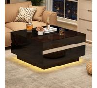 Kelodan Tavolo da tè quadrato 70 x 70 x 36 cm, tavolino con LED, divano lucido con 2 cassetti, tavolino da salotto, tavolino in vetro temperato, tavolino con design geometrico
