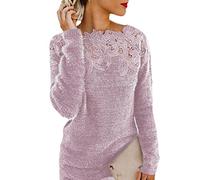 Kelsiop Maglione allentato da donna a maniche lunghe O-collo floreale in pizzo, Viola, L