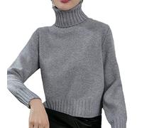 Kelsiop Maglione da donna in 100% lana cashmere, con collo dolcevita, pullover moda, caldo e morbido, grigio, S