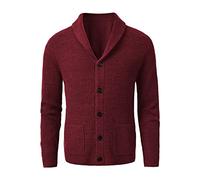 Kelsiop Maglione da uomo con collo a scialle maglione slim fit maglione in lana merino nero, Rosso vinaccia, XXX-Large