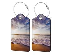 keluki 2 etichette per bagagli in pelle PU, copertura per la privacy, con anello in metallo e scheda indirizzo, per borsa da viaggio, valigia, motivo spiaggia mare tramonto