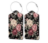 keluki 2 etichette per bagagli in pelle PU, copertura per la privacy, con anello in metallo e scheda indirizzo, per borsa da viaggio, valigia, design vintage rosa e crema scuro floreale