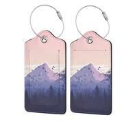 keluki Etichetta per bagagli in pelle PU, copertura per la privacy, etichetta identificativa con anello in metallo e scheda indirizzo, per borsa da viaggio, valigia, design con tramonto sulle montagne