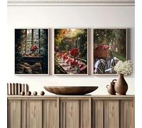 KEMEIQI 3 pezzi di tela con paesaggio floreale di biciclette e rose rosse e rosa, poster per casa, ufficio, soggiorno, camera da letto (60x90cmx3/senza cornice)