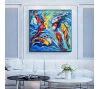 KEMEIQI Dipinto a olio su tela di pesce Koi, tavolozza dipinta, grande dipinto a olio blu e rosso, grande arte murale, arte con texture pesante, arredamento per la casa, 50x50 cm, senza cornice