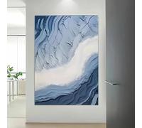 KEMEIQI Dipinto astratto 2D piatto, grande, raffigurante una spiaggia fluviale - Moderna tela minimalista da parete in grigio e blu, paesaggio strutturato (30x50 cm)