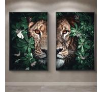 KEMEIQI Leone maschio e leonessa che indossano immagini di animali selvatici in bianco e nero, stampa su tela, decorazione da parete per soggiorno, casa, poster 50x70cmx2 senza cornice