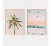 KEMEIQI Stampa su tela con spiaggia tropicale in colori pastello, palme costiere, onde dell'oceano, poster da parete per soggiorno moderno, arredamento in stile fattoria (40 * 60X2CM/cornice)