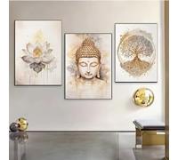 KEMEIQI Stampa su tela, set di 3 pezzi con dipinto moderno di Buddha e loto - Poster su tela per interni, orientamento verticale (60x90cm x 3/senza cornice)