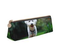 KemEng Bichon Frise Bokeh Animali Cani Parco Cani bianchi, Astuccio portapenne triangolare Astuccio portapenne portatile in pelle con cerniera Astuccio porta cosmetici
