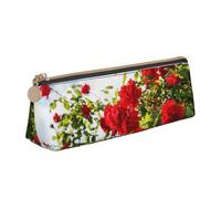KemEng Cespuglio di rose rosse stampato, Astuccio portapenne triangolare Astuccio portapenne portatile in pelle con cerniera Astuccio porta cosmetici