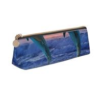 KemEng Delfino tursiope all'alba, Astuccio portapenne triangolare Astuccio portapenne portatile in pelle con cerniera Astuccio porta cosmetici