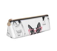 KemEng Frenchie nero Cartoon Bulldog francese Occhiali rosa Cane bianco, Astuccio portapenne triangolare Astuccio portapenne portatile in pelle con cerniera Astuccio porta cosmetici