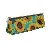 KemEng Girasoli D'epoca Su Verde Acqua, Astuccio portapenne triangolare Astuccio portapenne portatile in pelle con cerniera Astuccio porta cosmetici