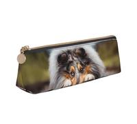KemEng Rough Collie Bokeh Railway Cani Animali domestici ruvidi, Astuccio portapenne triangolare Astuccio portapenne portatile in pelle con cerniera Astuccio porta cosmetici