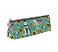KemEng Schnauzer Girasoli Primavera Estate Floreale Cane Di Razza Cane, Astuccio portapenne triangolare Astuccio portapenne portatile in pelle con cerniera Astuccio porta cosmetici