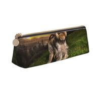KemEng Schnauzer Sunset Cani Animali domestici Montagne Schnauzer, Astuccio portapenne triangolare Astuccio portapenne portatile in pelle con cerniera Astuccio porta cosmetici