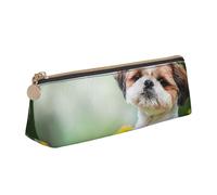 KemEng Shih Tzu Piccoli Cani Carini Cucciolo Riccio Animali Campo, Astuccio portapenne triangolare Astuccio portapenne portatile in pelle con cerniera Astuccio porta cosmetici