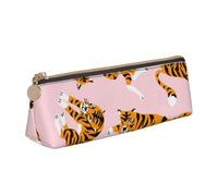 KemEng Tigri Carini Animali Da Circo Su Sfondo Rosa, Astuccio portapenne triangolare Astuccio portapenne portatile in pelle con cerniera Astuccio porta cosmetici
