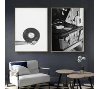 KemneT Nero bianco musica retro vinile dischi chitarra parete arte poster stampe affreschi nordici tela olio soggiorno camera casa Decorazioni 50x70cmx2 senza cornice