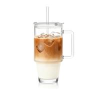 KEMORELA Bicchiere in vetro da 710 ml / 24oz con manico e coperchio, tazza da caffè ghiacciato riutilizzabile con cannuccia, bicchiere per frullato e tazza Matcha - Grande tazza da viaggio trasparente