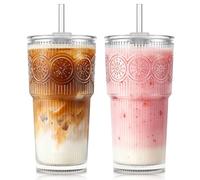 KEMORELA Bicchieri di vetro con coperchio e cannucce, confezione da 2 bicchieri da 600 ml in vetro a coste, con coperchio in vetro e cannuccia, bicchieri Matcha riutilizzabili per latte, frullati