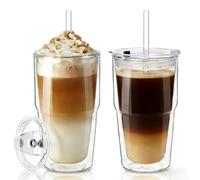 KEMORELA Set di 2 bicchieri in vetro a doppia parete, 480 ml, con coperchio e cannuccia, per caffè, latte macchiato, caffè freddo e bevande fredde