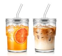 KEMORELA Set di 2 bicchieri in vetro con coperchio e cannuccia, 380 ml, a prova di perdite, con coperchio, bicchieri per matcha, caffè freddo, frullati, tazza da viaggio per caffè, succo e bevande