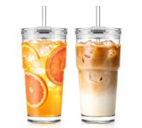 KEMORELA Set di 2 bicchieri in vetro da 600 ml con coperchio e cannuccia, a prova di perdite, tazze di vetro riutilizzabili per caffè, matcha, frullati, succhi di frutta, adatti per portabicchieri