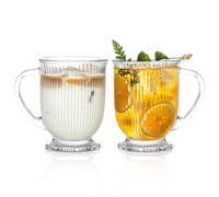 KEMORELA Set di 2 tazze da caffè in vetro a coste, 470 ml, in vetro trasparente con manico, accessori da bar e caffè, resistenti per bevande calde, set di 2 tazze da caffè