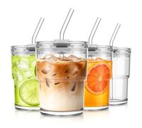 KEMORELA Set di 4 bicchieri in vetro con coperchio e cannuccia, 380 ml, a prova di perdite, con coperchio, bicchieri per matcha, caffè freddo, frullati, per caffè, succo e bevande fredde