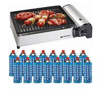 KEMPER - Barbecue portatile a gas da 1900 W, griglia antiaderente + borsa per il trasporto + kit 16 cartucce butano piezo vassoio recuperatore