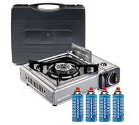 KEMPER - Fornello a gas 2200 W INOX + 4 cartucce di gas Doppio sistema di sicurezza Potenza regolabile