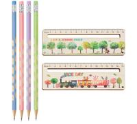 KEMUZ 2 Pezzi Righello in Legno Educativo per Bambini con 4 Matite Ergonomiche per Disgrafia e Primi Scritti (Treno e Bosco)