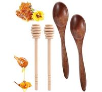 KEMUZ 4 Pezzi Cucchiai per Miele in Legno, Bastoncini Miele con Design a Nido d'Ape, Spargimiele Legno per Caffè, Tè, Cioccolata Calda, Ideale Regalo - 2 Cucchiai (14.5cm) + 2 Agitatori (10cm)