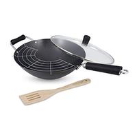 Ken Hom Set Wok 4 Pezzi Antiaderente Acciaio al Carbonio, 31cm, Excellence, Padella a Induzione/Compatibile con Utensili in Metallo, Lavabile in Lavastoviglie, 5 Anni di Garanzia, KH431041