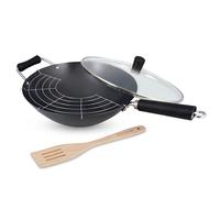 Ken Hom Set Wok 4 Pezzi Antiaderente Acciaio al Carbonio, 31cm, Excellence, Padella a Induzione/Compatibile con Utensili in Metallo, Lavabile in Lavastoviglie, 5 Anni di Garanzia, KH431041